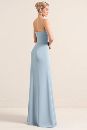 Stretch Satin Dusty Blue Axelbandslös Fodral Brudtärna Klänning med slits
